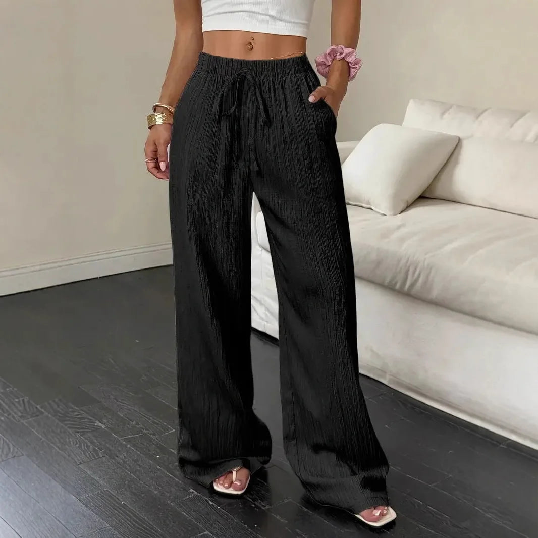 Pantalones Marelle™ de algodón y lino con cordón ajustable y corte palazzo amplio
