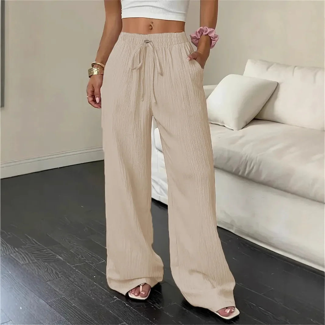 Pantalones Marelle™ de algodón y lino con cordón ajustable y corte palazzo amplio