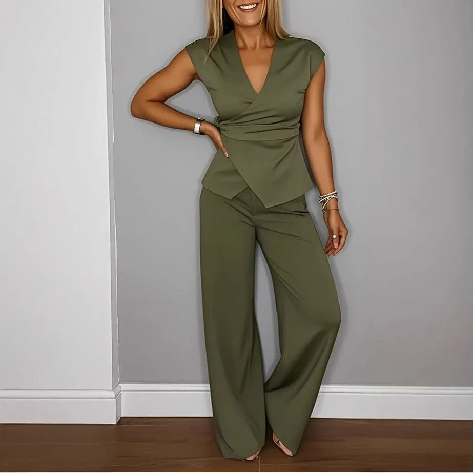 Conjunto Valerisse™ con blusa cruzada y pantalones palazzo