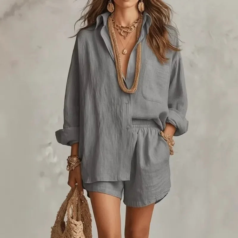 Conjunto Bellmare™ de algodón y lino, con una blusa holgada y unos pantalones cortos elegantes