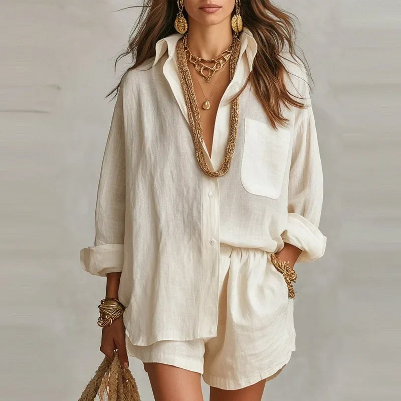 Conjunto Bellmare™ de algodón y lino, con una blusa holgada y unos pantalones cortos elegantes