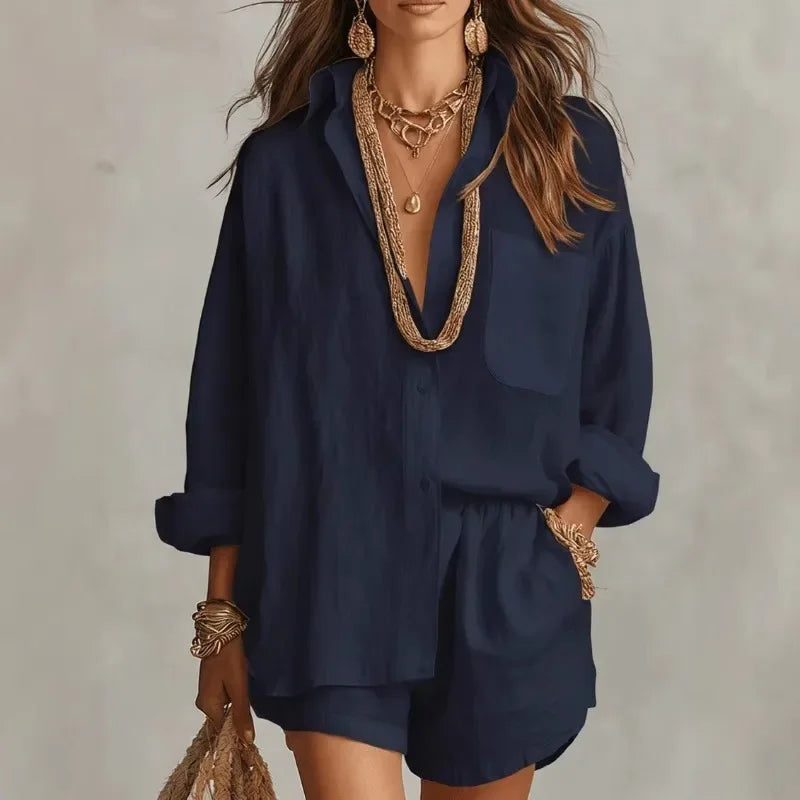 Conjunto Bellmare™ de algodón y lino, con una blusa holgada y unos pantalones cortos elegantes