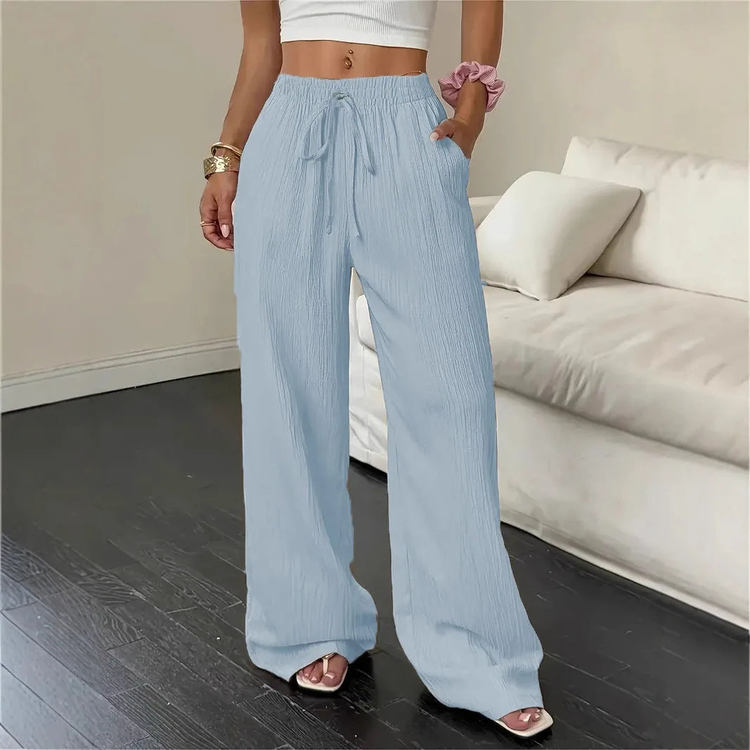Pantalones Marelle™ de algodón y lino con cordón ajustable y corte palazzo amplio