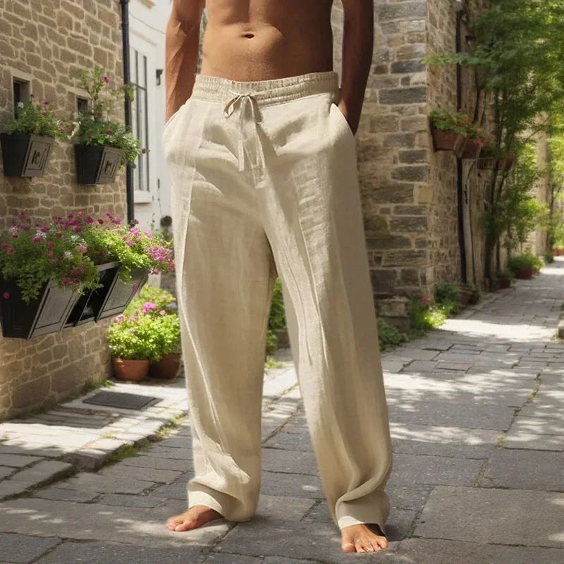 Pantalones Oliver™ de algodón y lino con cintura elástica y cordón ajustable