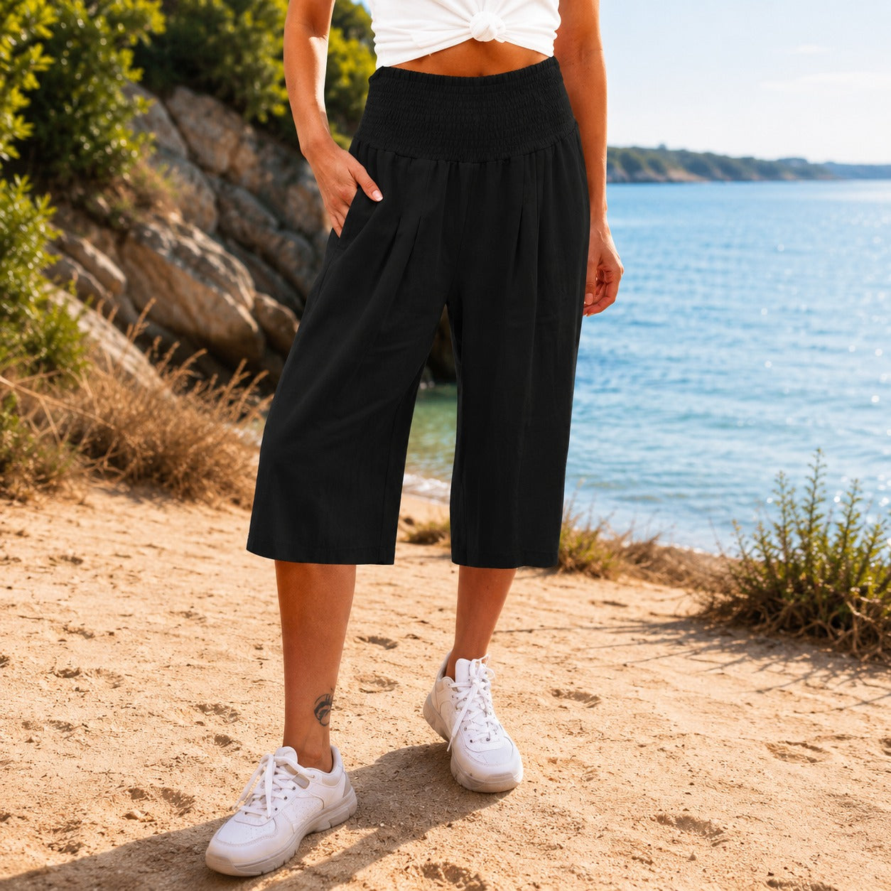 Pantalones capri Rosetta™ de algodón y lino con una elegante cintura fruncida