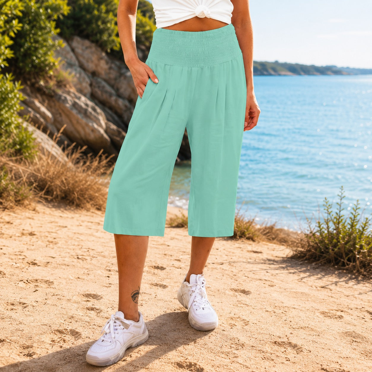 Pantalones capri Rosetta™ de algodón y lino con una elegante cintura fruncida