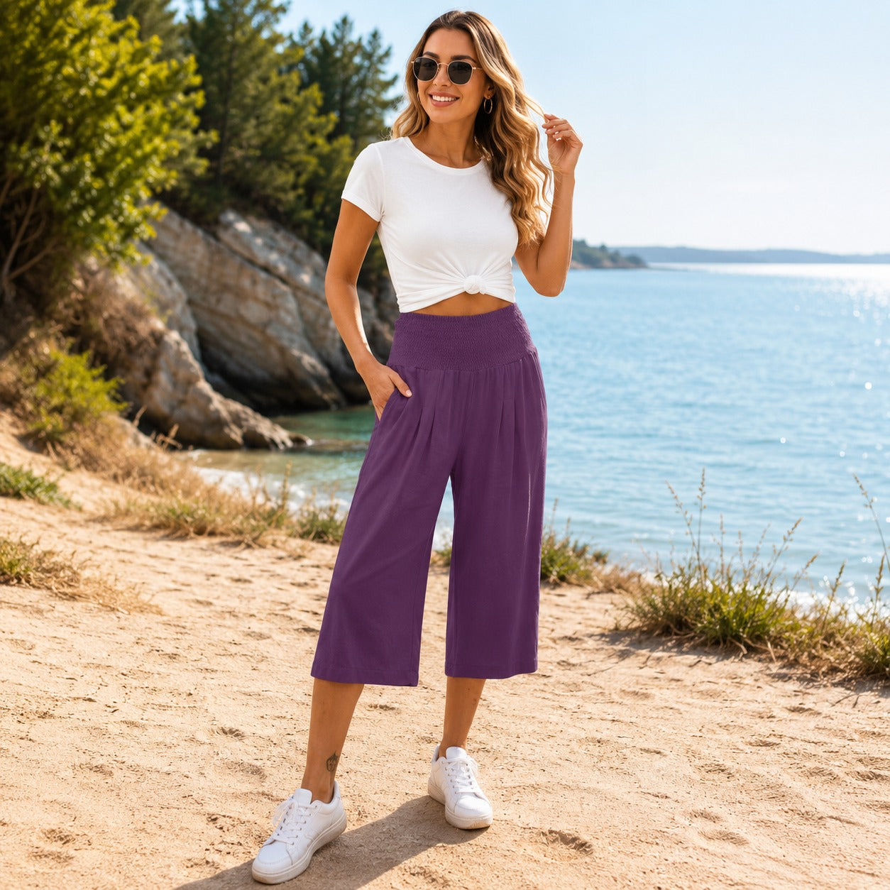 Pantalones capri Rosetta™ de algodón y lino con una elegante cintura fruncida