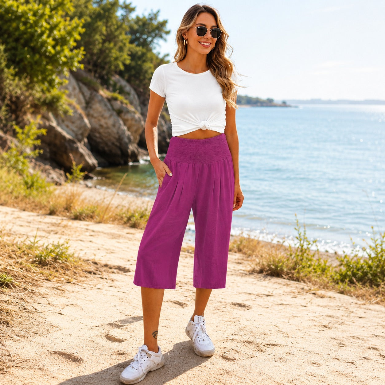 Pantalones capri Rosetta™ de algodón y lino con una elegante cintura fruncida