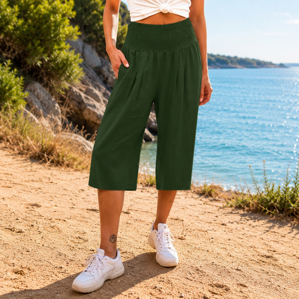 Pantalones capri Rosetta™ de algodón y lino con una elegante cintura fruncida
