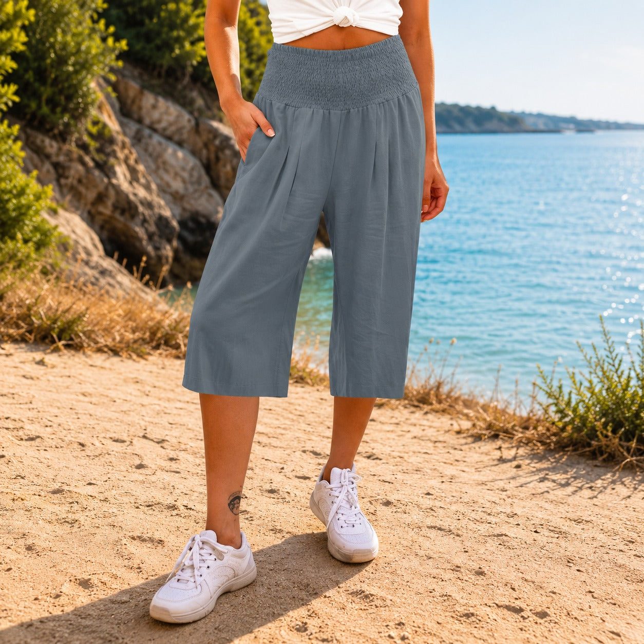 Pantalones capri Rosetta™ de algodón y lino con una elegante cintura fruncida
