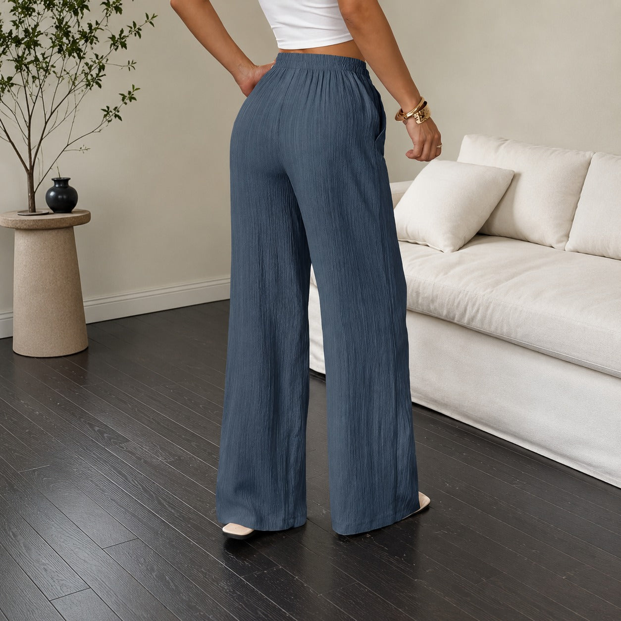 Pantalones Marelle™ de algodón y lino con cordón ajustable y corte palazzo amplio