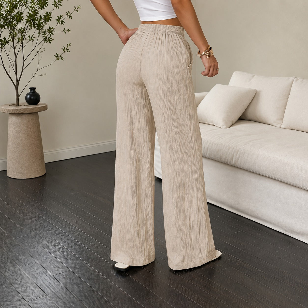 Pantalones Marelle™ de algodón y lino con cordón ajustable y corte palazzo amplio