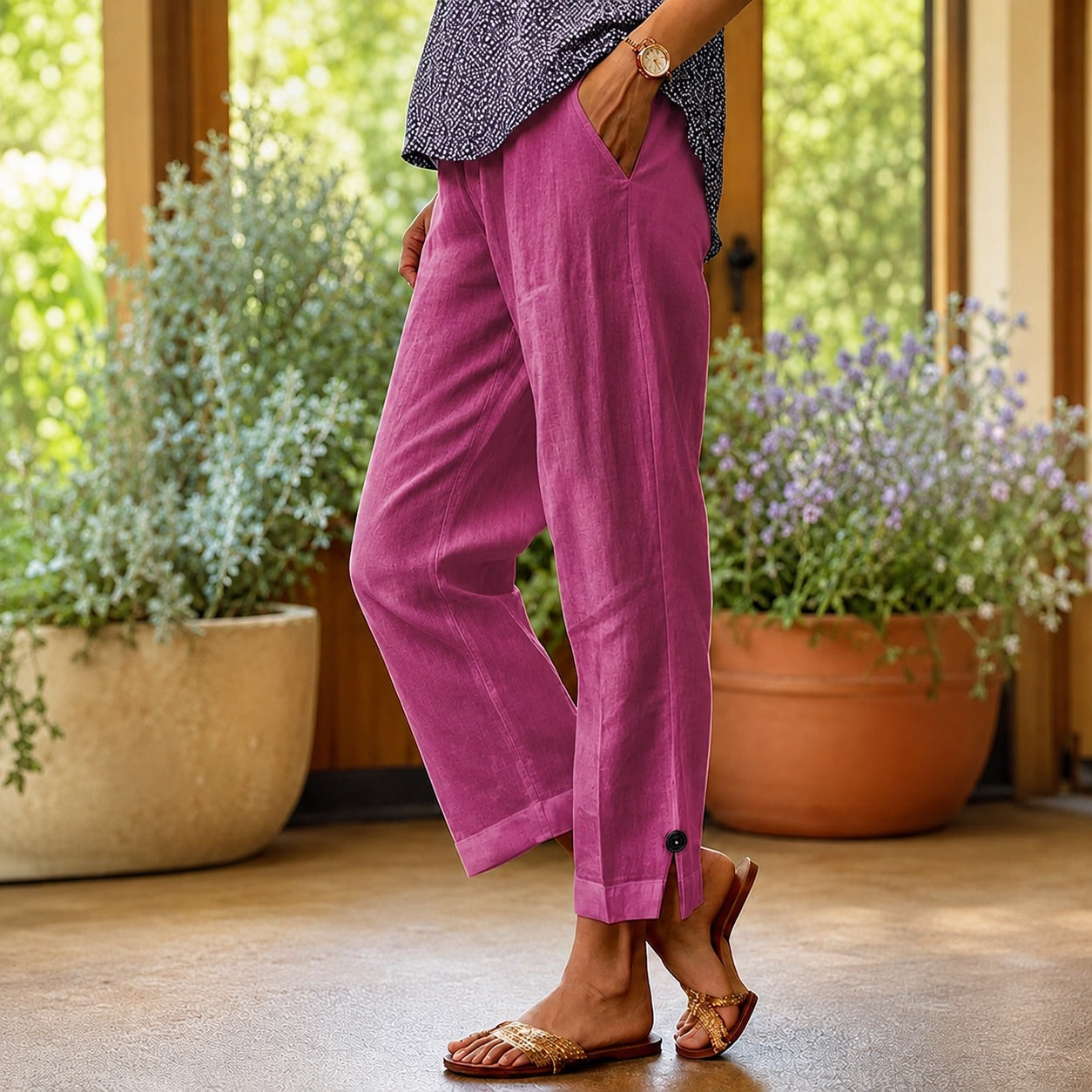 Pantalones Sylvie™ de algodón y lino con abertura lateral en el bajo