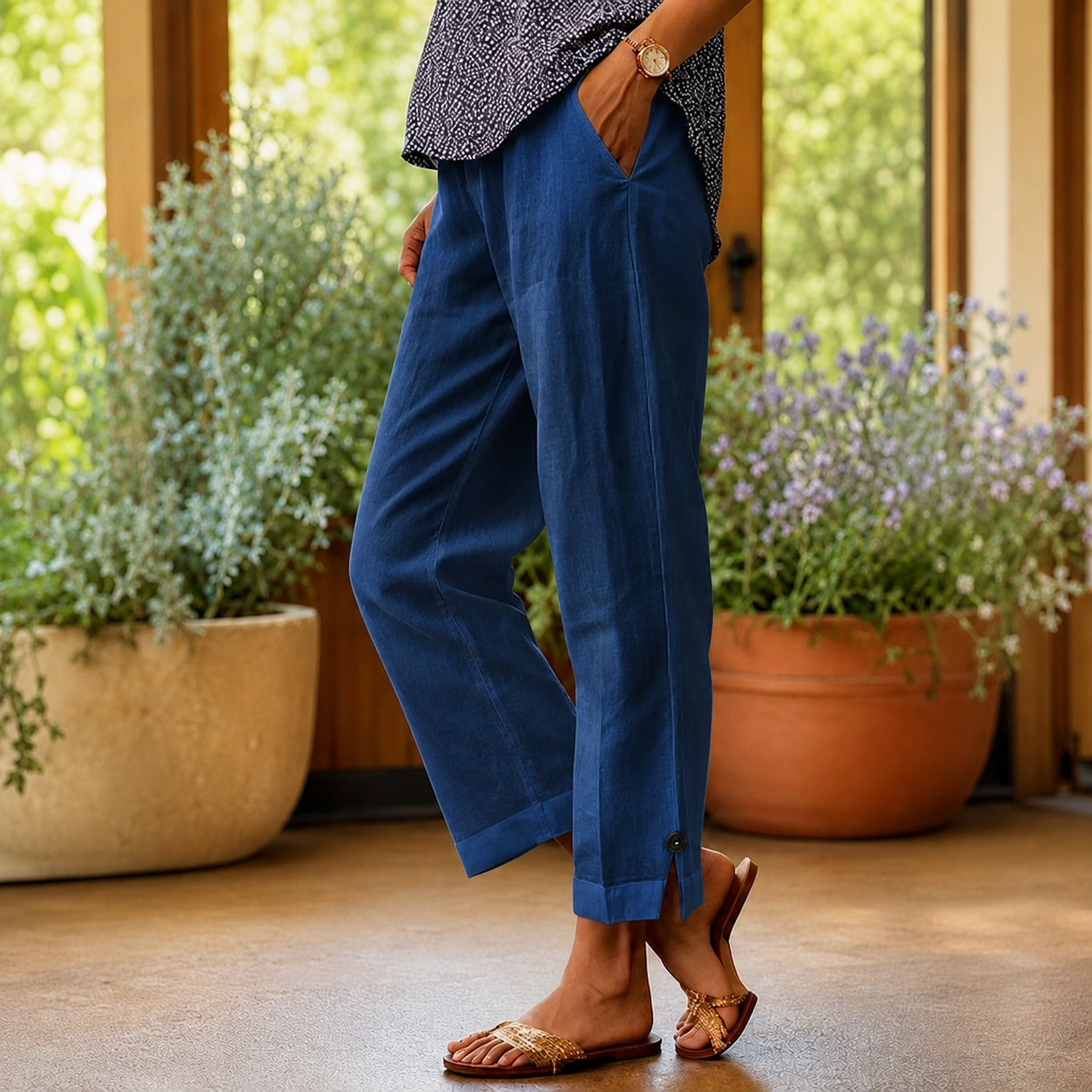 Pantalones Sylvie™ de algodón y lino con abertura lateral en el bajo