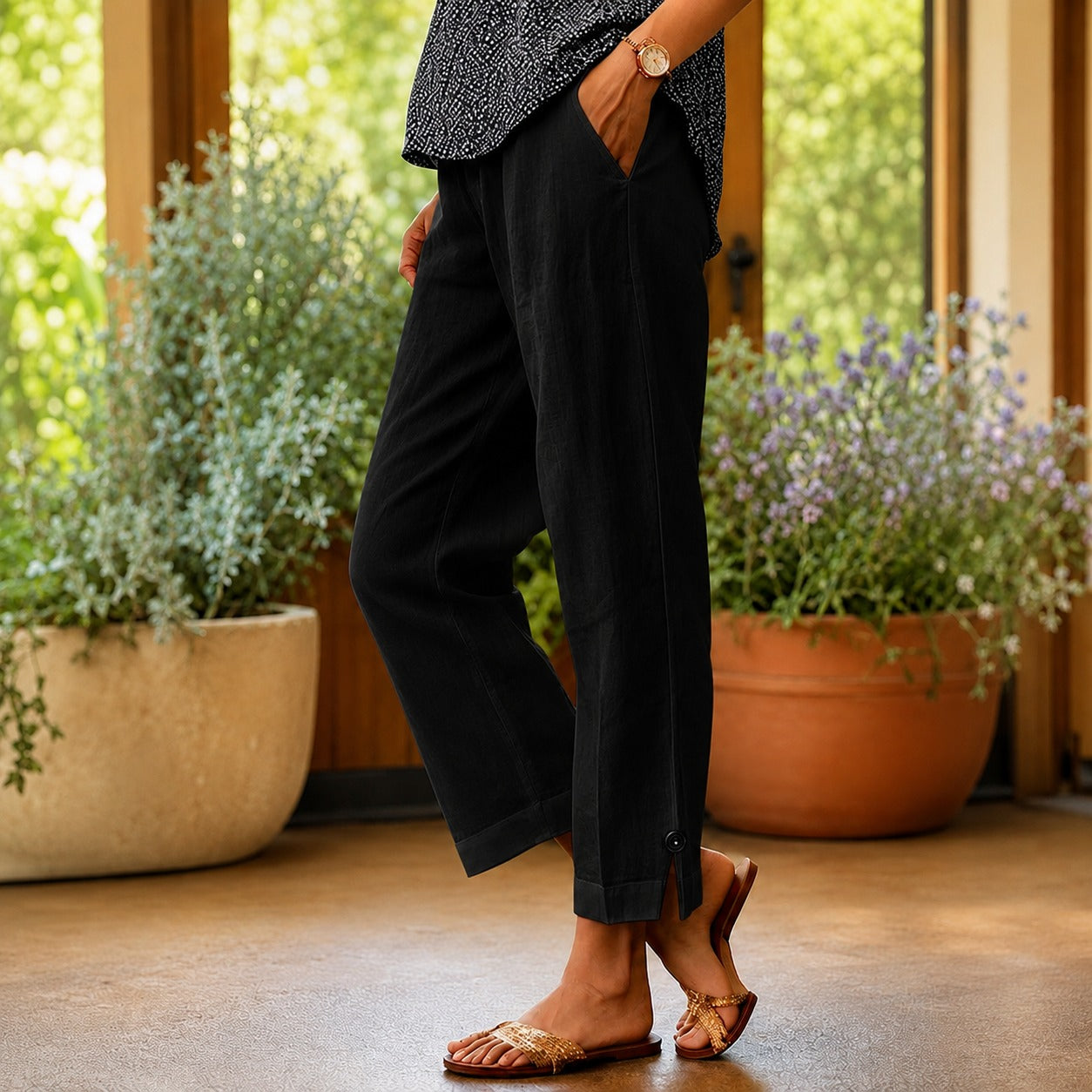 Pantalones Sylvie™ de algodón y lino con abertura lateral en el bajo