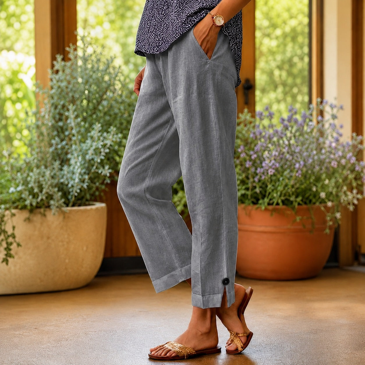 Pantalones Sylvie™ de algodón y lino con abertura lateral en el bajo
