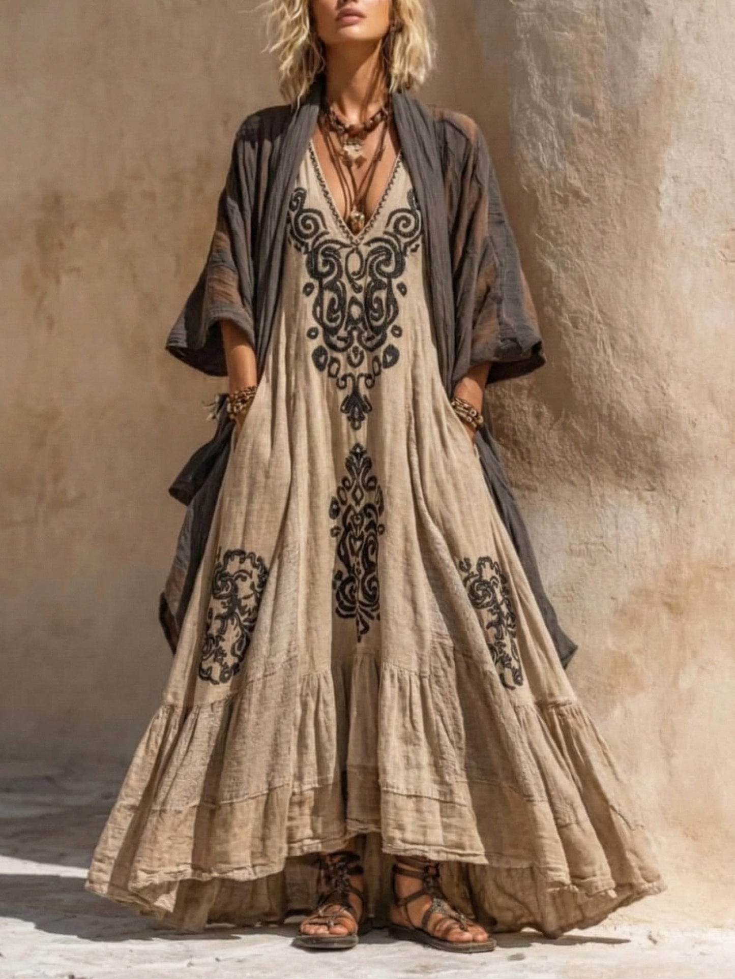 Conjunto de dos piezas de lino de estilo bohemio retro